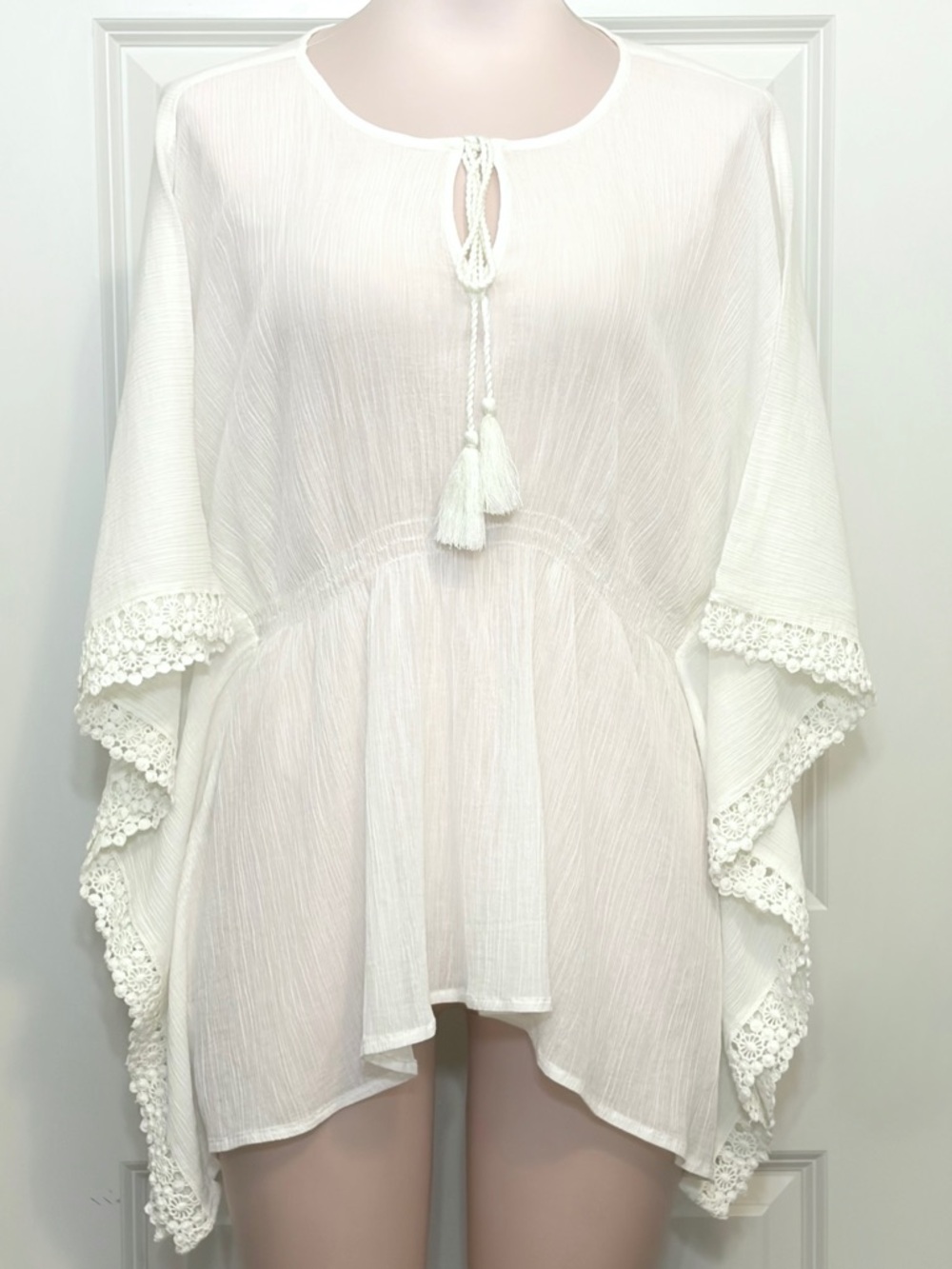 Boho Gauze Lace Trim Poncho Top Swim Cover Up M/L